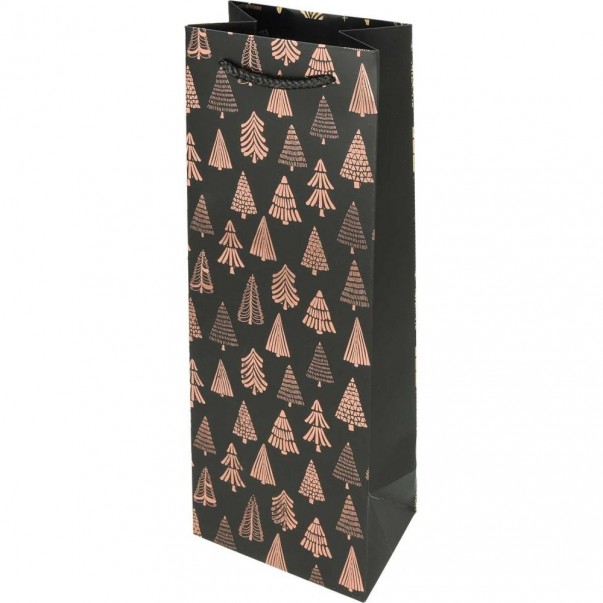 VREČKA DARILNA ZA STEKLENICO ČRNA Z MOTIVI NOVOLETNIH JELK 39X12X 9