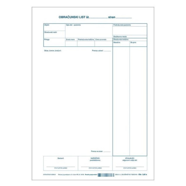 OBRAZEC 3,82A KNJIGA OBRAČUNSKIH IZMER-OBRAČUNSKI LIST ZA GRADBENA PODJETJA