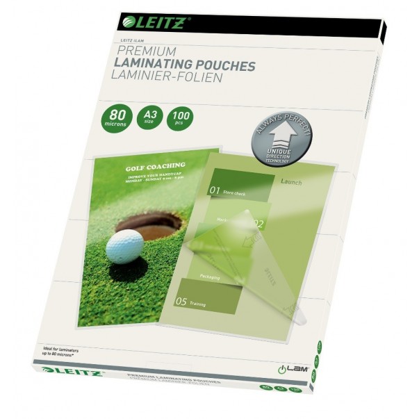 ŽEPKI ZA PLASTIFICIRANJE LEITZ A3 80MIC S SMERNIMI PUŠČICAMI 1/100 74850000