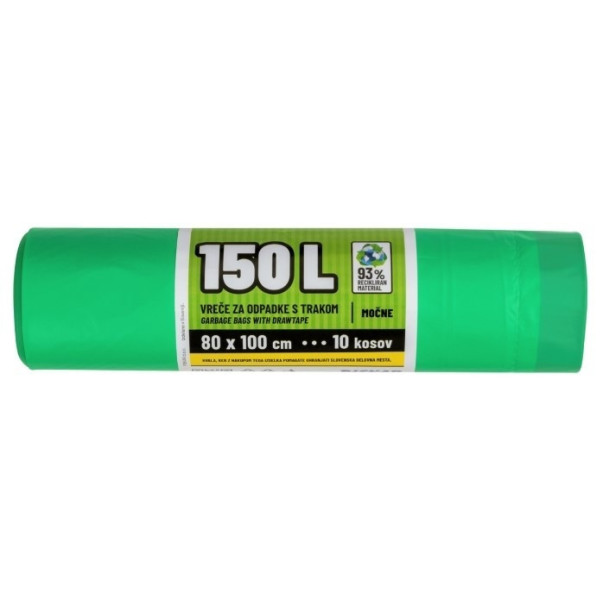 VREČKE ZA SMETI 150L ZELENE S TRAKOM 80X100CM 1/10