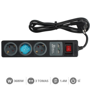 PODALJŠEK 3 VTIČNICE 1,4M + STIKALO ČRN GSC + 2USB